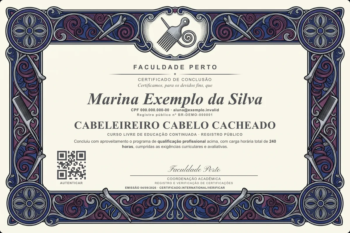 Certificado do curso de Cabeleireiro Cabelo Cacheado