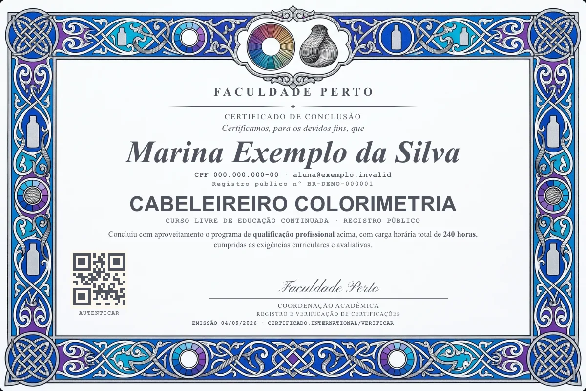 Certificado do curso de Cabeleireiro Colorimetria