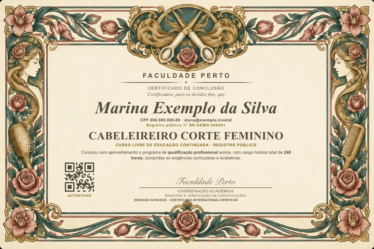 Modelo do certificado do curso de Cabeleireiro Corte Feminino grátis: registro público, QR de verificação e assinaturas — exemplo com dados fictícios.