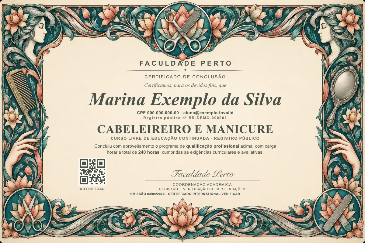 Modelo do certificado do curso de Cabeleireiro e Manicure grátis: registro público, QR de verificação e assinaturas — exemplo com dados fictícios.