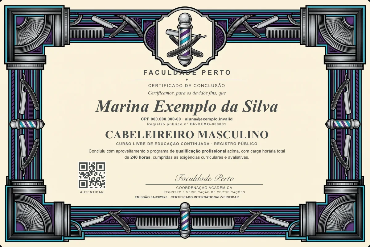 Modelo do certificado do curso de Cabeleireiro Masculino grátis: registro público, QR de verificação e assinaturas — exemplo com dados fictícios.