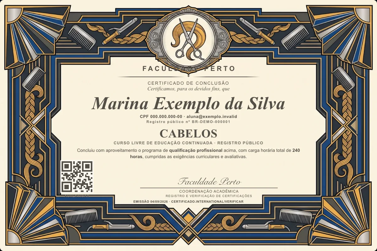 Modelo do certificado do curso de Cabelos grátis: registro público, QR de verificação e assinaturas — exemplo com dados fictícios.