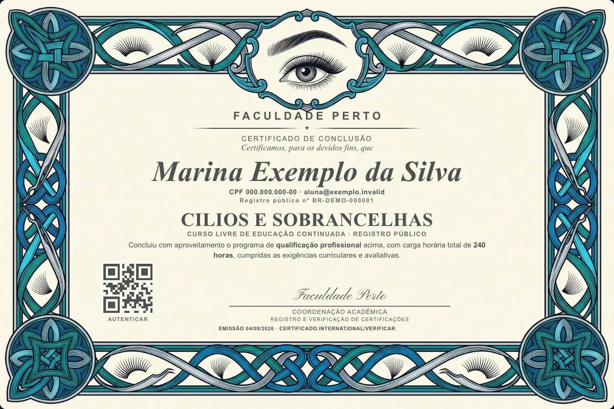 Modelo do certificado do curso de Cilios e Sobrancelhas grátis: registro público, QR de verificação e assinaturas — exemplo com dados fictícios.