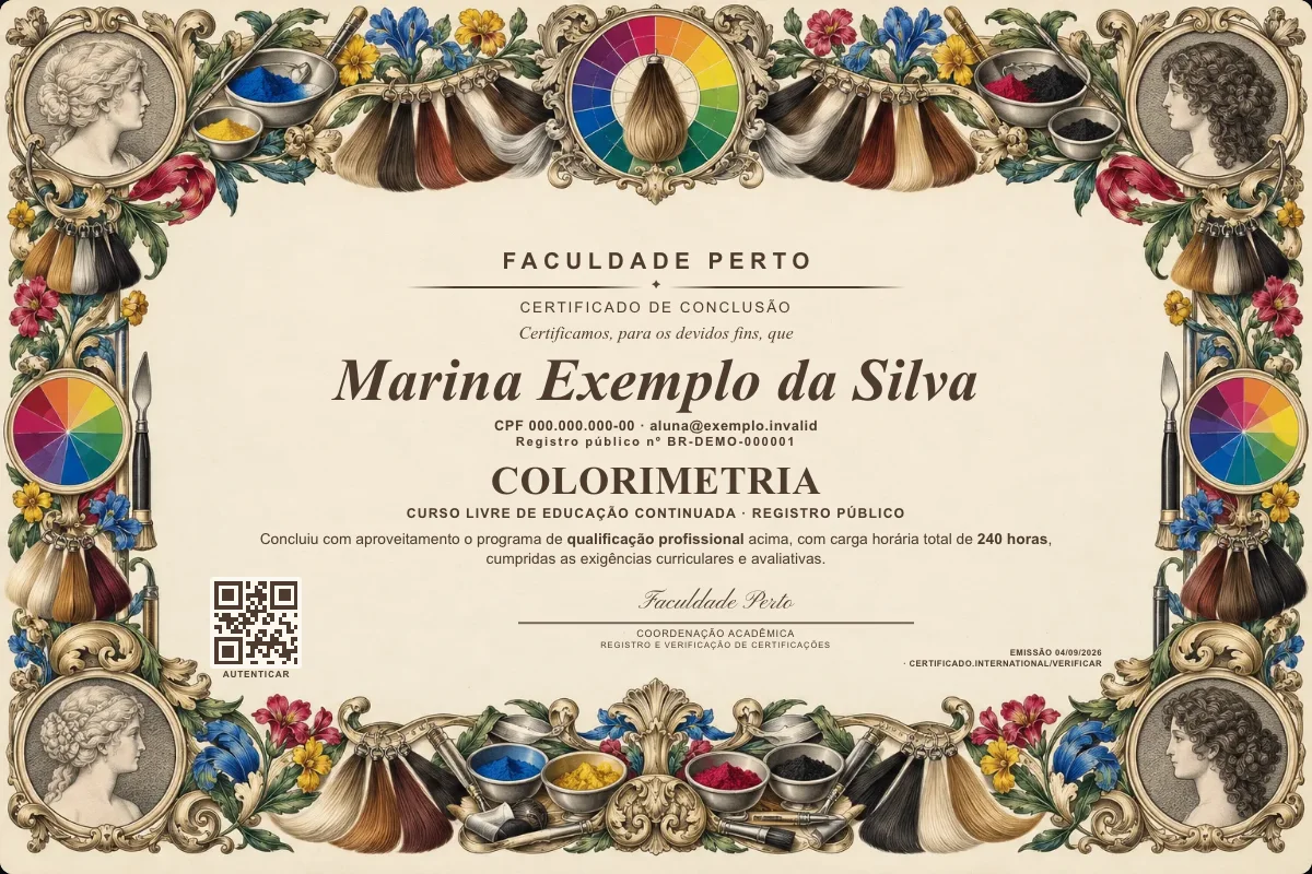 Modelo do certificado do curso de Colorimetria grátis: registro público, QR de verificação e assinaturas — exemplo com dados fictícios.