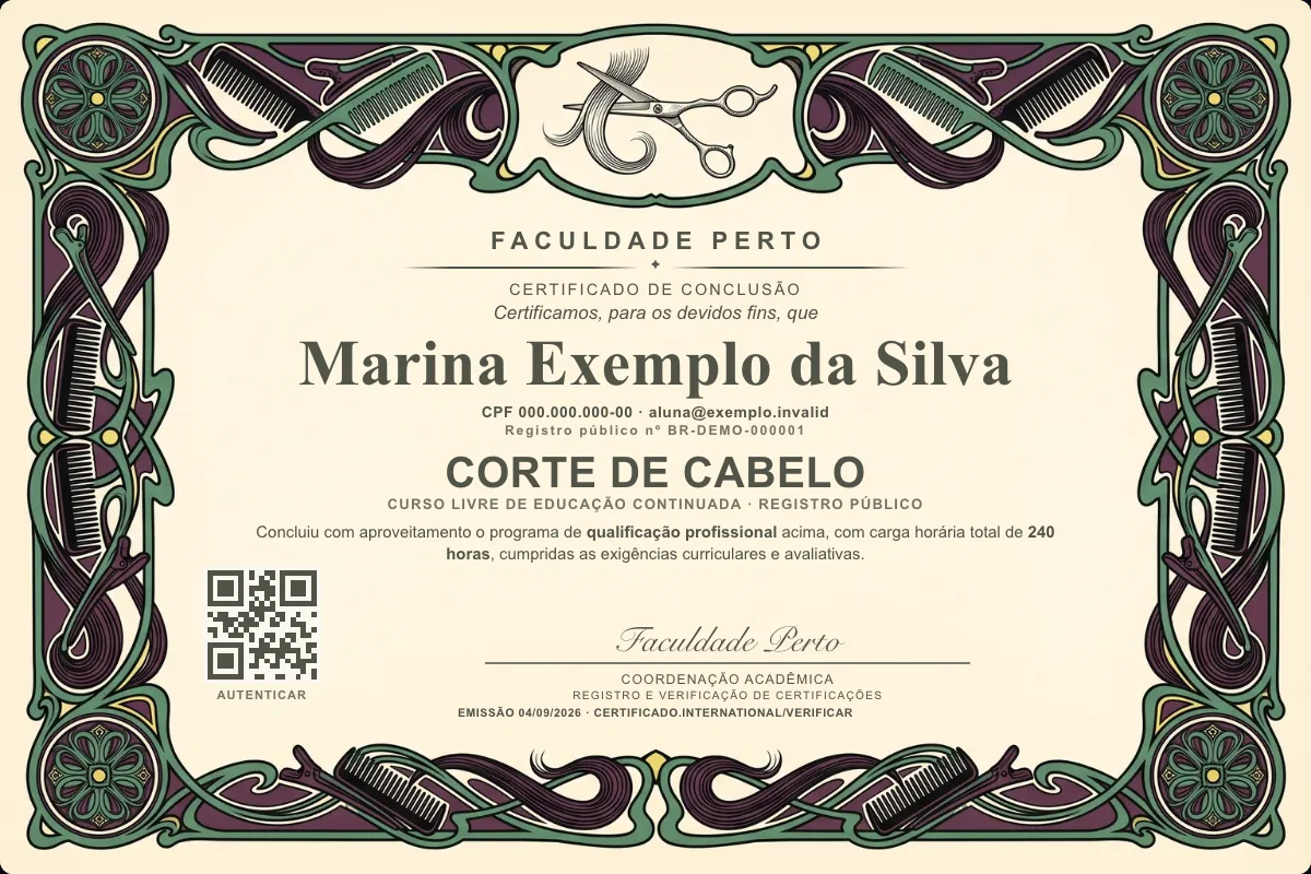Modelo do certificado do curso de Corte de Cabelo grátis: registro público, QR de verificação e assinaturas — exemplo com dados fictícios.
