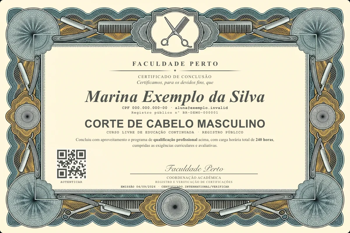 Modelo do certificado do curso de Corte de Cabelo Masculino grátis: registro público, QR de verificação e assinaturas — exemplo com dados fictícios.