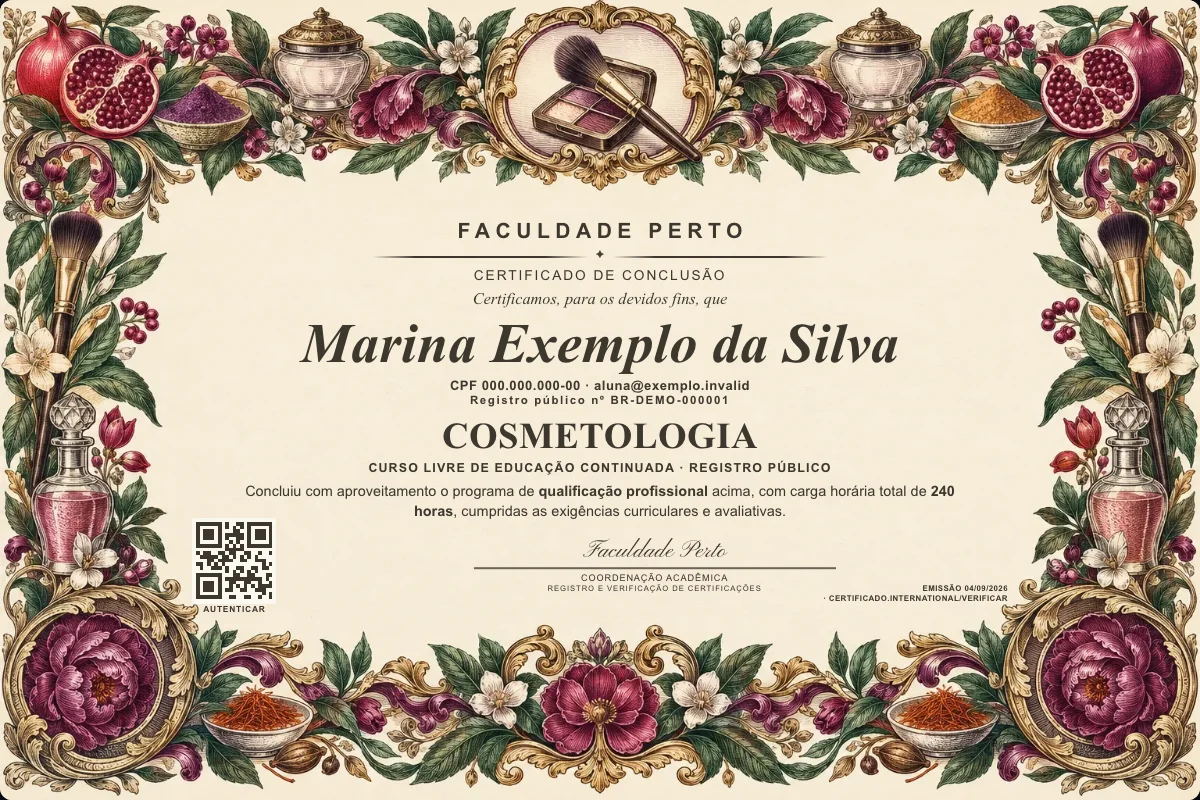 Modelo do certificado do curso de Cosmetologia grátis: registro público, QR de verificação e assinaturas — exemplo com dados fictícios.