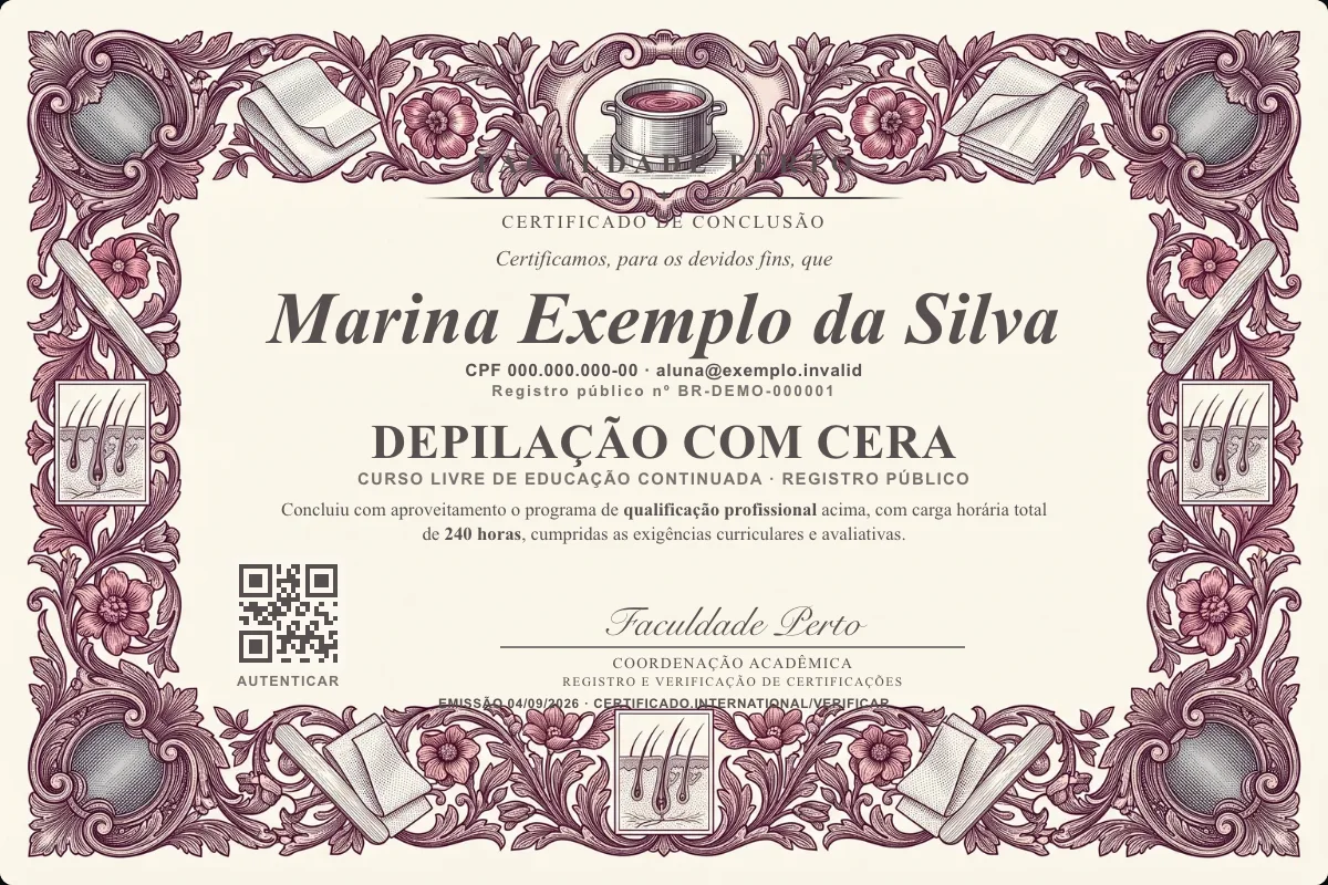 Modelo do certificado do curso de Depilação com Cera grátis: registro público, QR de verificação e assinaturas — exemplo com dados fictícios.