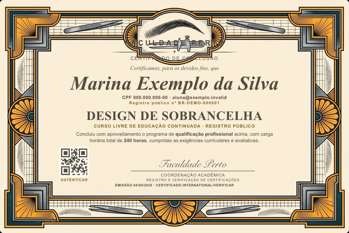 Modelo do certificado do curso de Design de Sobrancelha grátis: registro público, QR de verificação e assinaturas — exemplo com dados fictícios.