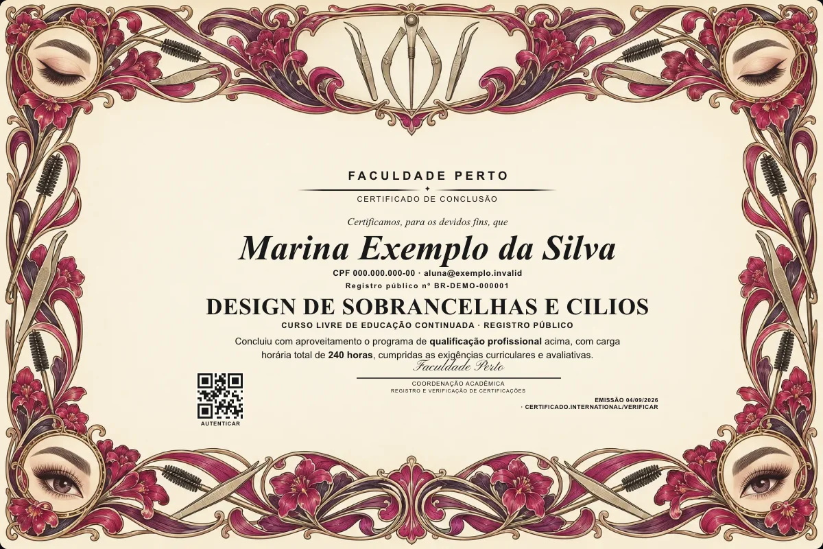 Modelo do certificado do curso de Design de Sobrancelhas e Cilios grátis: registro público, QR de verificação e assinaturas — exemplo com dados fictícios.
