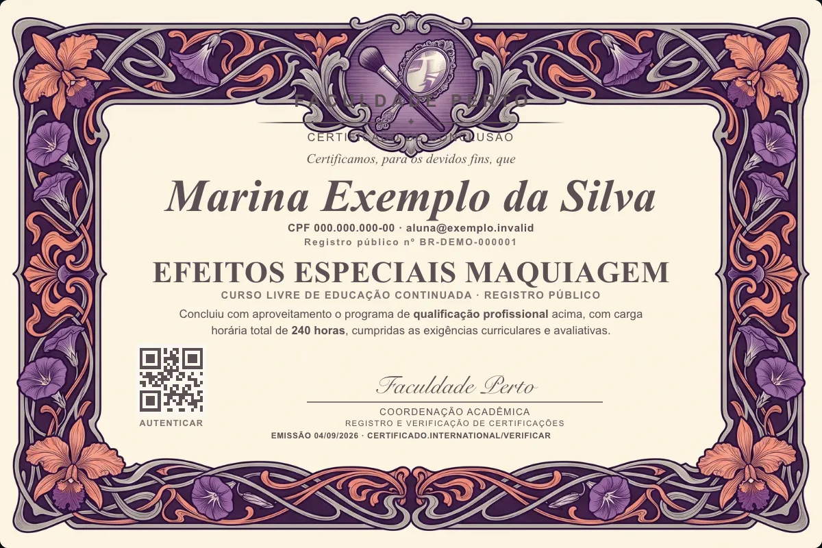 Modelo do certificado do curso de Efeitos Especiais Maquiagem grátis: registro público, QR de verificação e assinaturas — exemplo com dados fictícios.