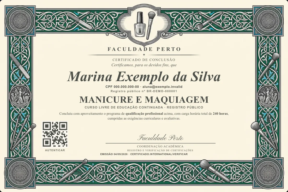 Modelo do certificado do curso de Manicure e Maquiagem grátis: registro público, QR de verificação e assinaturas — exemplo com dados fictícios.