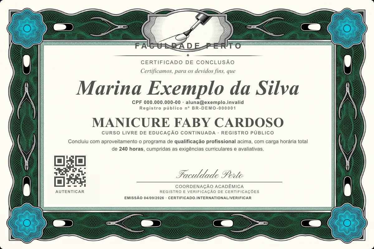 Modelo do certificado do curso de Manicure Faby Cardoso grátis: registro público, QR de verificação e assinaturas — exemplo com dados fictícios.