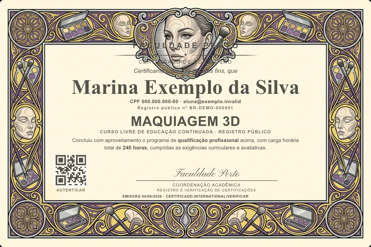 Modelo do certificado do curso de Maquiagem 3D grátis: registro público, QR de verificação e assinaturas — exemplo com dados fictícios.