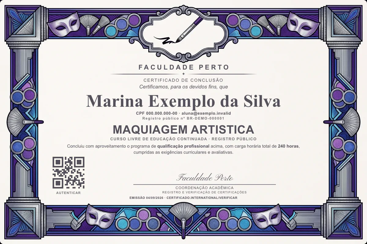 Modelo do certificado do curso de Maquiagem Artistica grátis: registro público, QR de verificação e assinaturas — exemplo com dados fictícios.