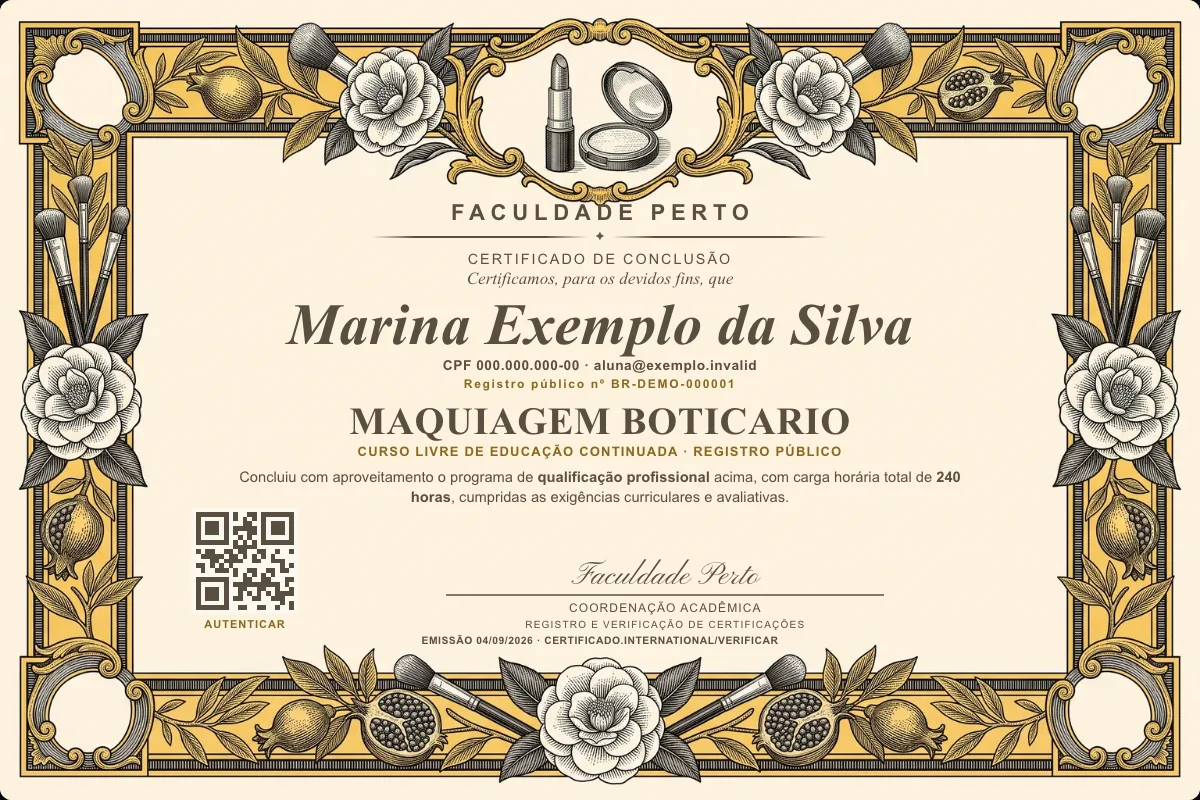 Modelo do certificado do curso de Maquiagem Boticario grátis: registro público, QR de verificação e assinaturas — exemplo com dados fictícios.