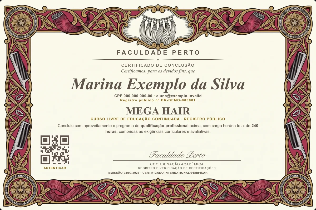 Modelo do certificado do curso de Mega Hair grátis: registro público, QR de verificação e assinaturas — exemplo com dados fictícios.