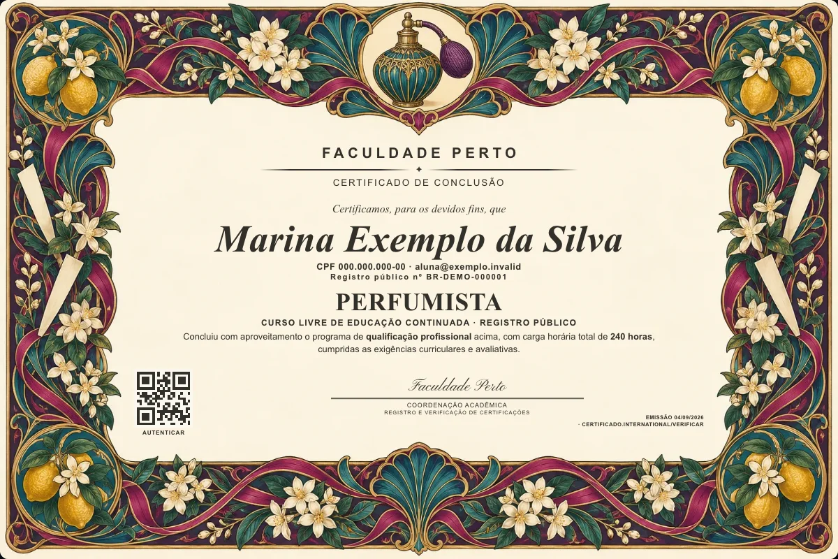 Modelo do certificado do curso de Perfumista grátis: registro público, QR de verificação e assinaturas — exemplo com dados fictícios.