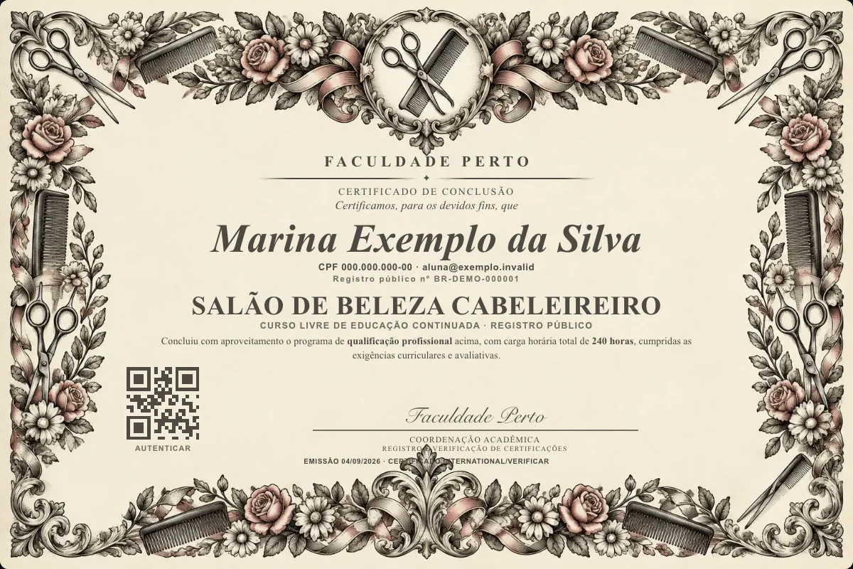 Modelo do certificado do curso de Salão de Beleza Cabeleireiro grátis: registro público, QR de verificação e assinaturas — exemplo com dados fictícios.