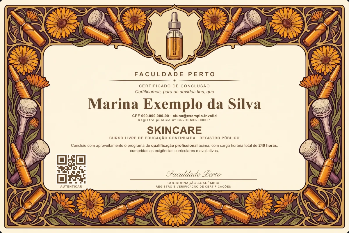 Modelo do certificado do curso de Skincare grátis: registro público, QR de verificação e assinaturas — exemplo com dados fictícios.