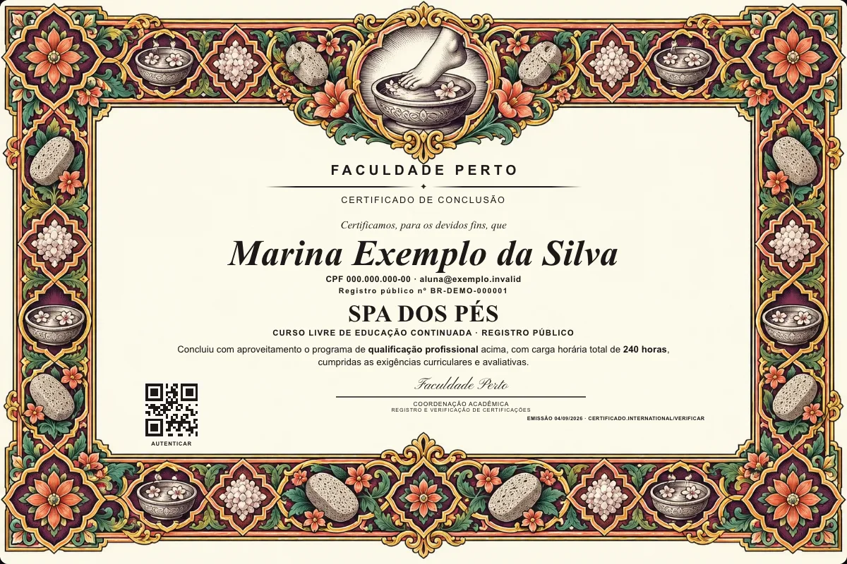 Modelo do certificado do curso de Spa dos Pés grátis: registro público, QR de verificação e assinaturas — exemplo com dados fictícios.