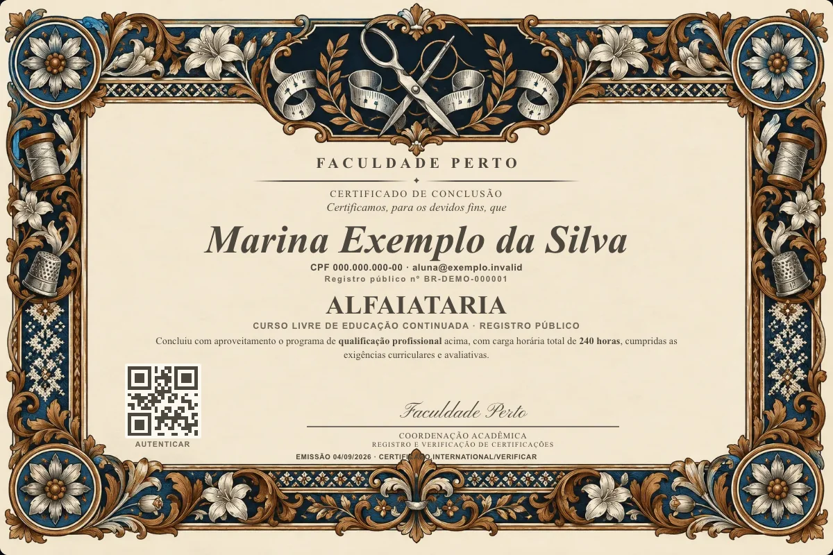 Certificado do curso de Alfaiataria