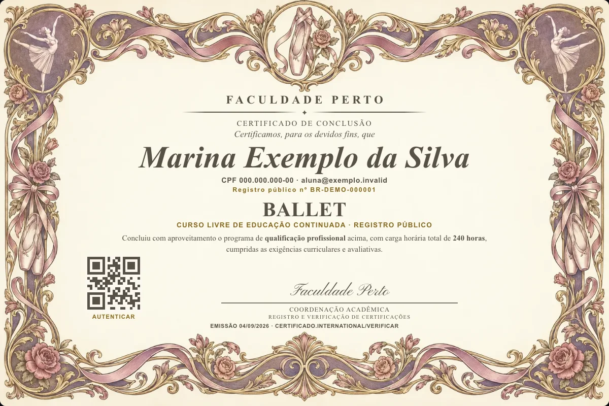 Modelo do certificado do curso de Ballet grátis: registro público, QR de verificação e assinaturas — exemplo com dados fictícios.