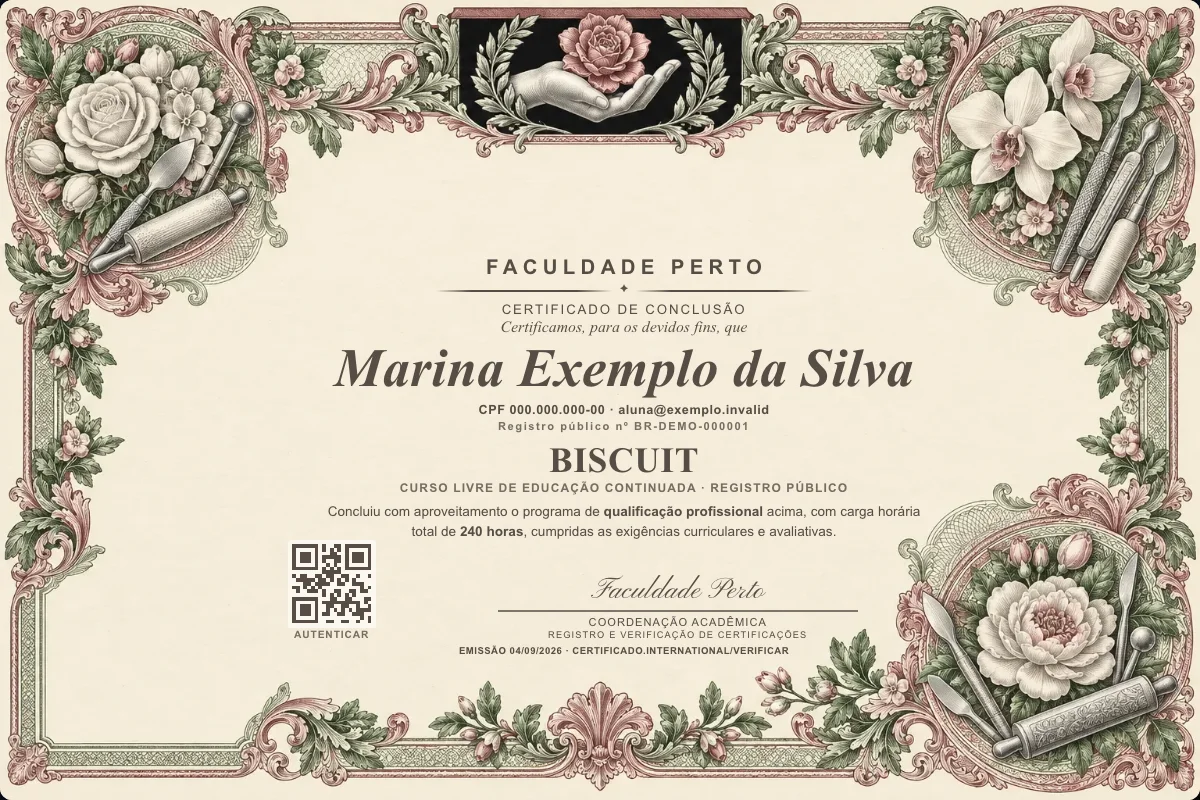 Modelo do certificado do curso de Biscuit grátis: registro público, QR de verificação e assinaturas — exemplo com dados fictícios.