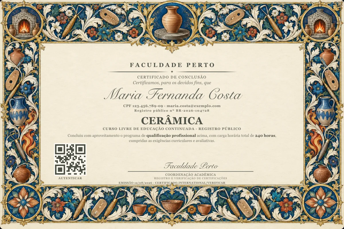Modelo do certificado do curso de Cerâmica grátis: registro público, QR de verificação e assinaturas — exemplo com dados fictícios.