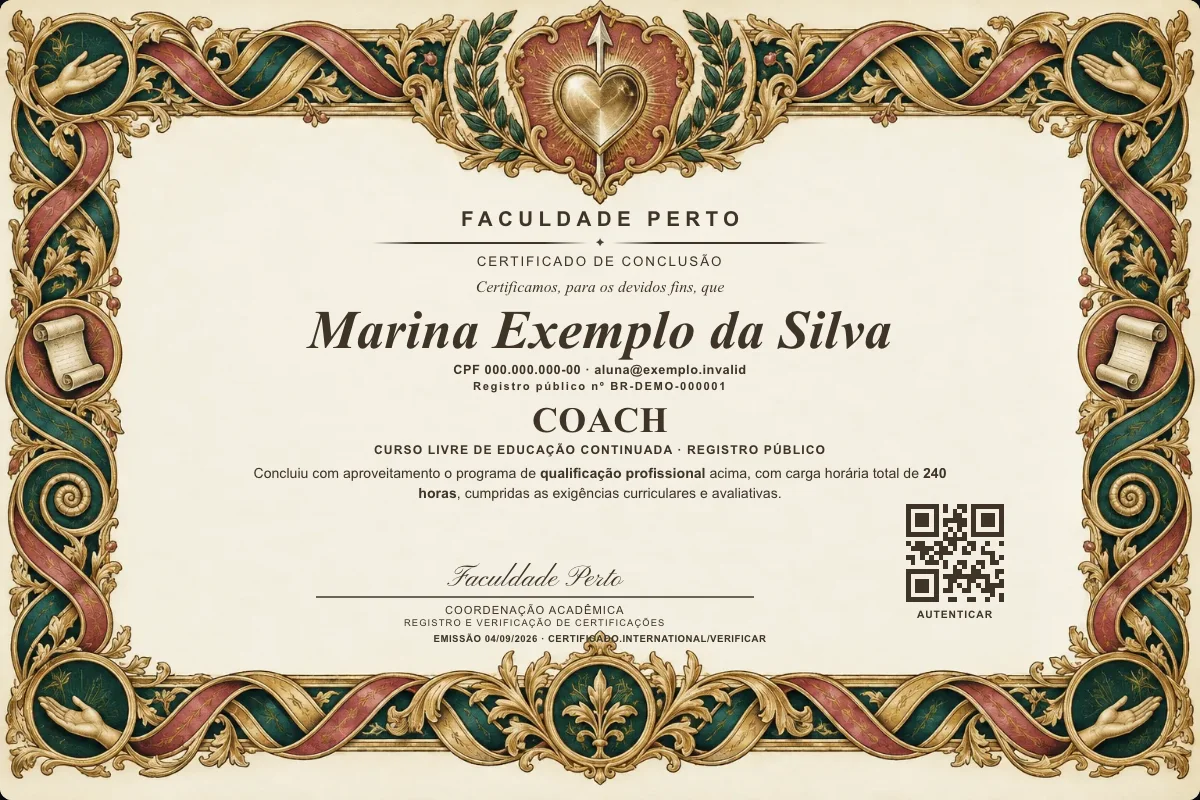 Modelo do certificado do curso de Coach grátis: registro público, QR de verificação e assinaturas — exemplo com dados fictícios.