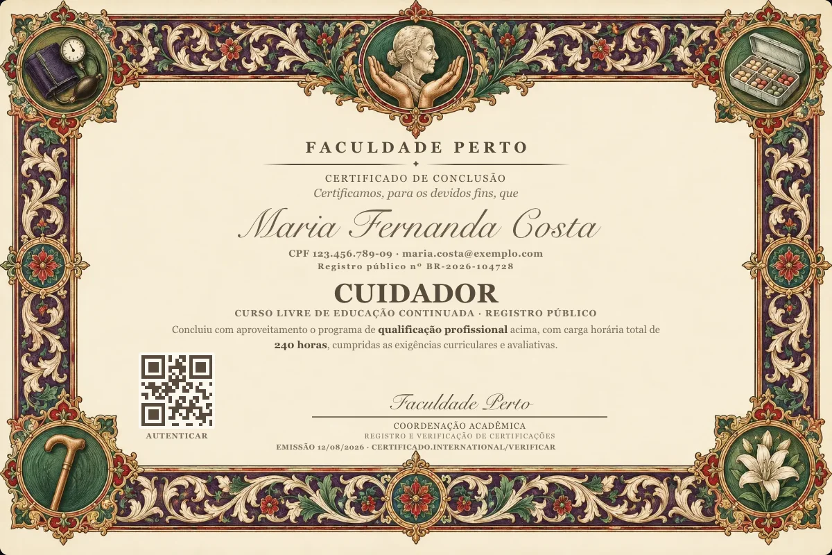Modelo do certificado do curso de Cuidador grátis: registro público, QR de verificação e assinaturas — exemplo com dados fictícios.
