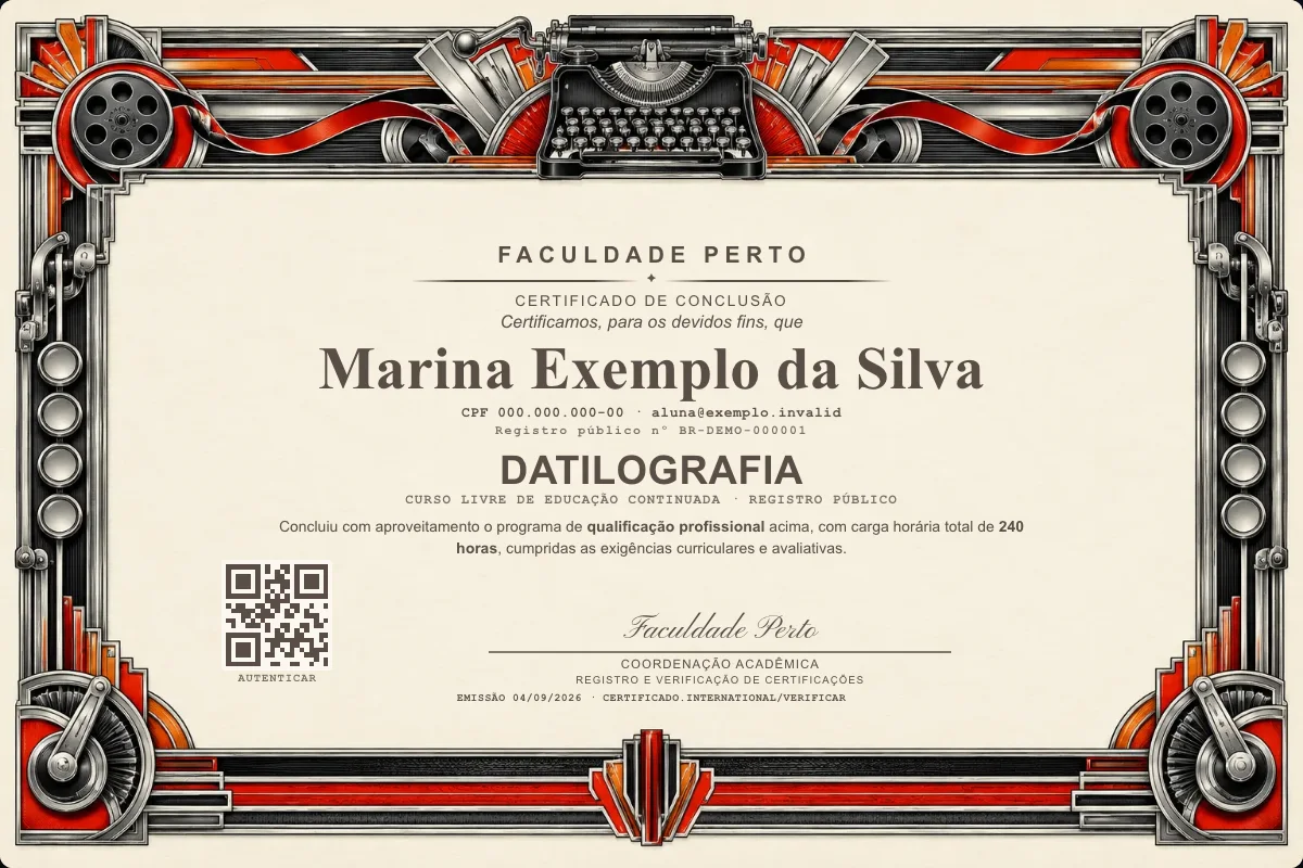 Modelo do certificado do curso de Datilografia grátis: registro público, QR de verificação e assinaturas — exemplo com dados fictícios.