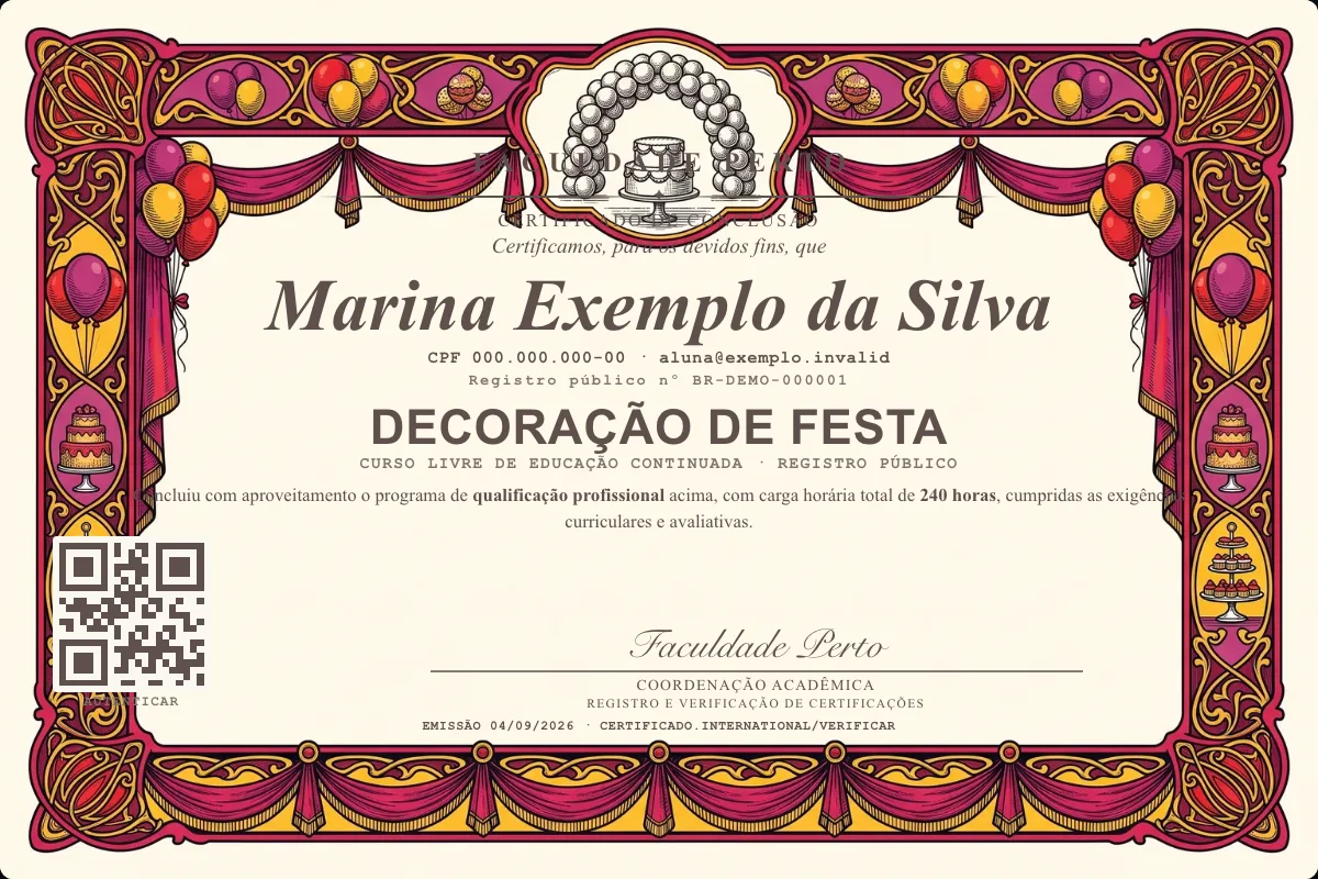 Modelo do certificado do curso de Decoração de Festa grátis: registro público, QR de verificação e assinaturas — exemplo com dados fictícios.
