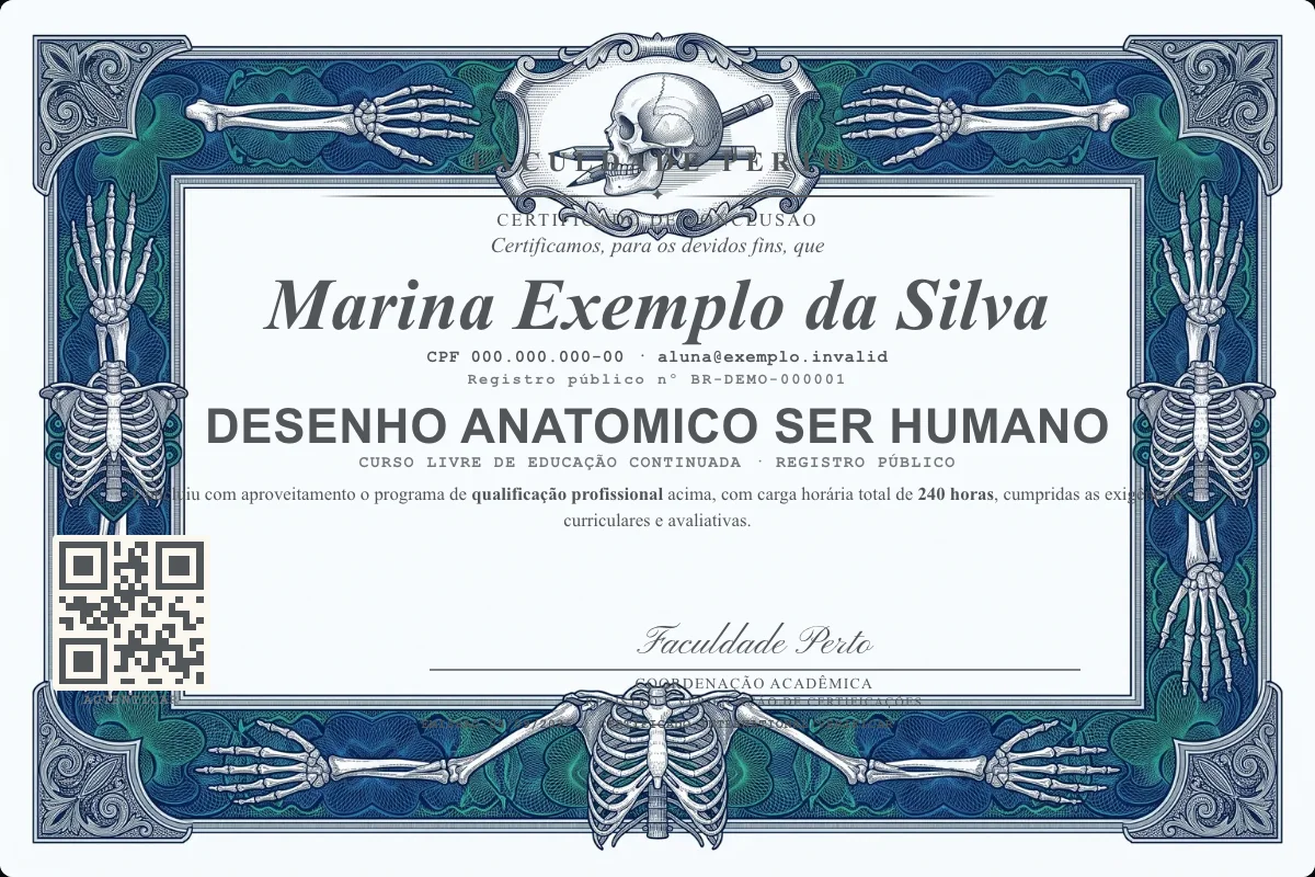 Modelo do certificado do curso de Desenho Anatomico Ser Humano grátis: registro público, QR de verificação e assinaturas — exemplo com dados fictícios.