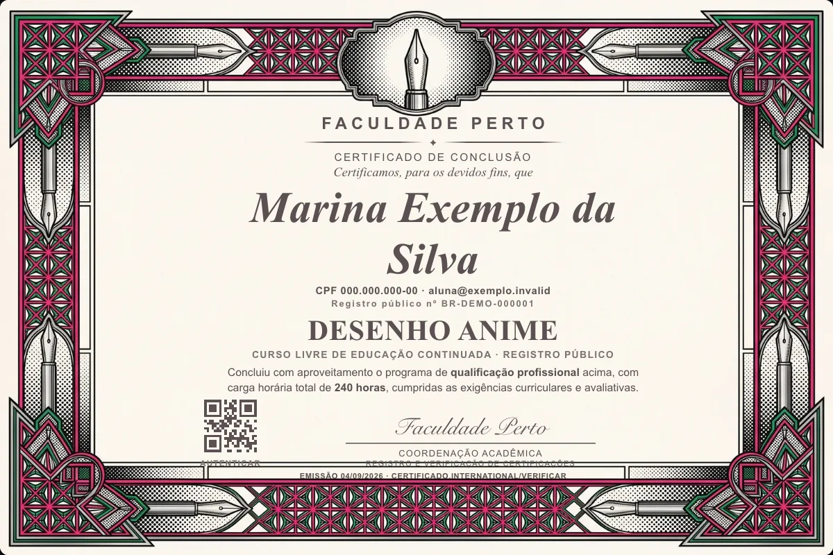 Modelo do certificado do curso de Desenho Anime grátis: registro público, QR de verificação e assinaturas — exemplo com dados fictícios.