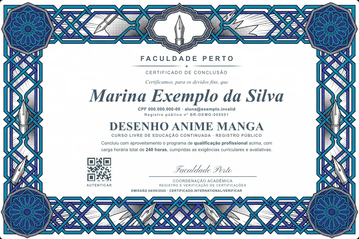 Modelo do certificado do curso de Desenho Anime Manga grátis: registro público, QR de verificação e assinaturas — exemplo com dados fictícios.