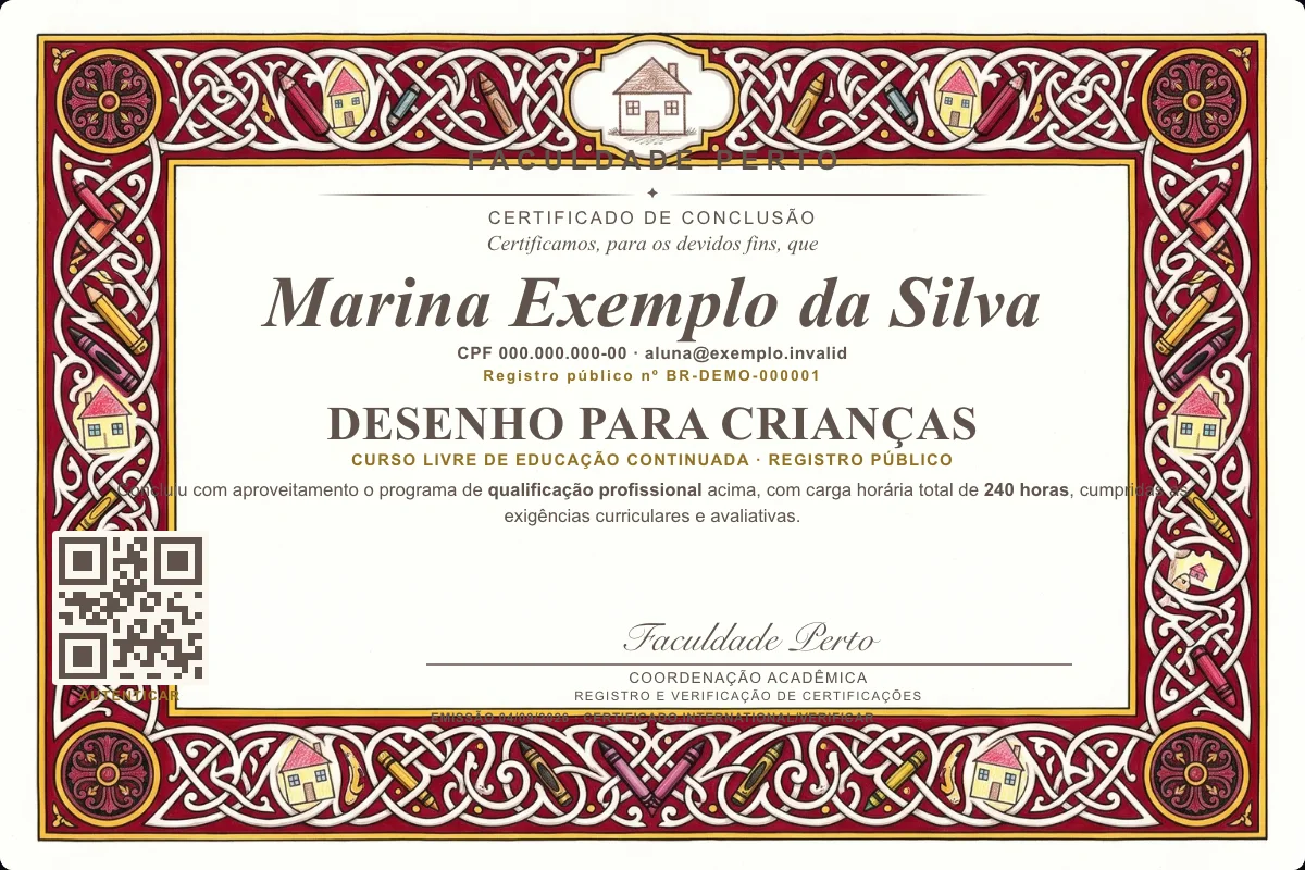 Modelo do certificado do curso de Desenho para Crianças grátis: registro público, QR de verificação e assinaturas — exemplo com dados fictícios.