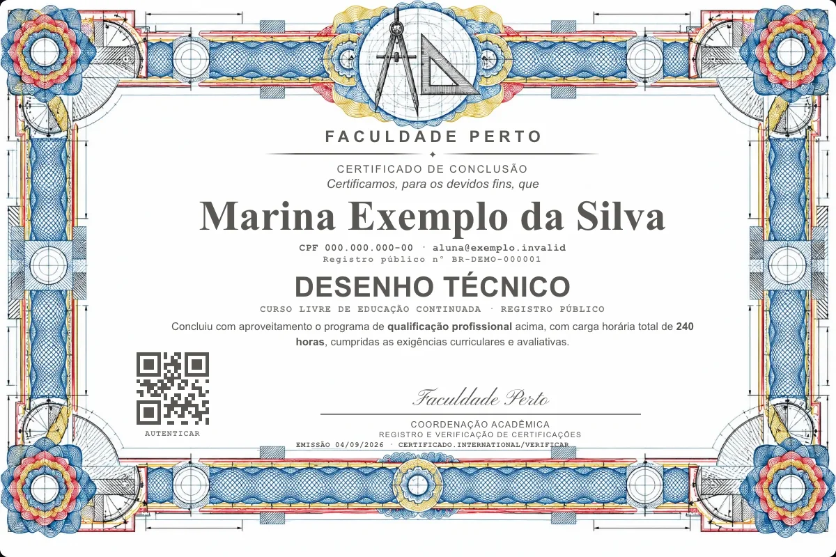 Modelo do certificado do curso de Desenho Técnico grátis: registro público, QR de verificação e assinaturas — exemplo com dados fictícios.