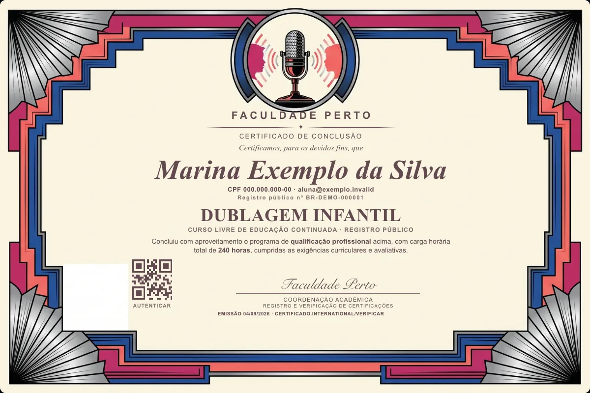 Modelo do certificado do curso de Dublagem Infantil grátis: registro público, QR de verificação e assinaturas — exemplo com dados fictícios.