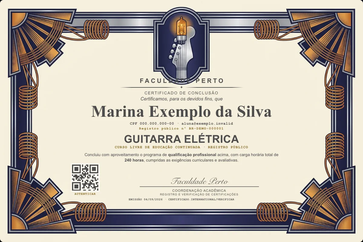 Modelo do certificado do curso de Guitarra Elétrica grátis: registro público, QR de verificação e assinaturas — exemplo com dados fictícios.