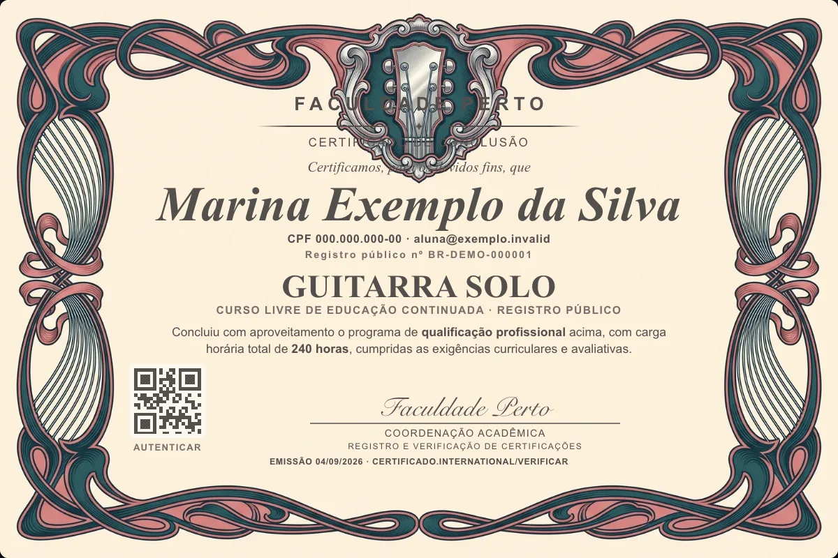Modelo do certificado do curso de Guitarra Solo grátis: registro público, QR de verificação e assinaturas — exemplo com dados fictícios.