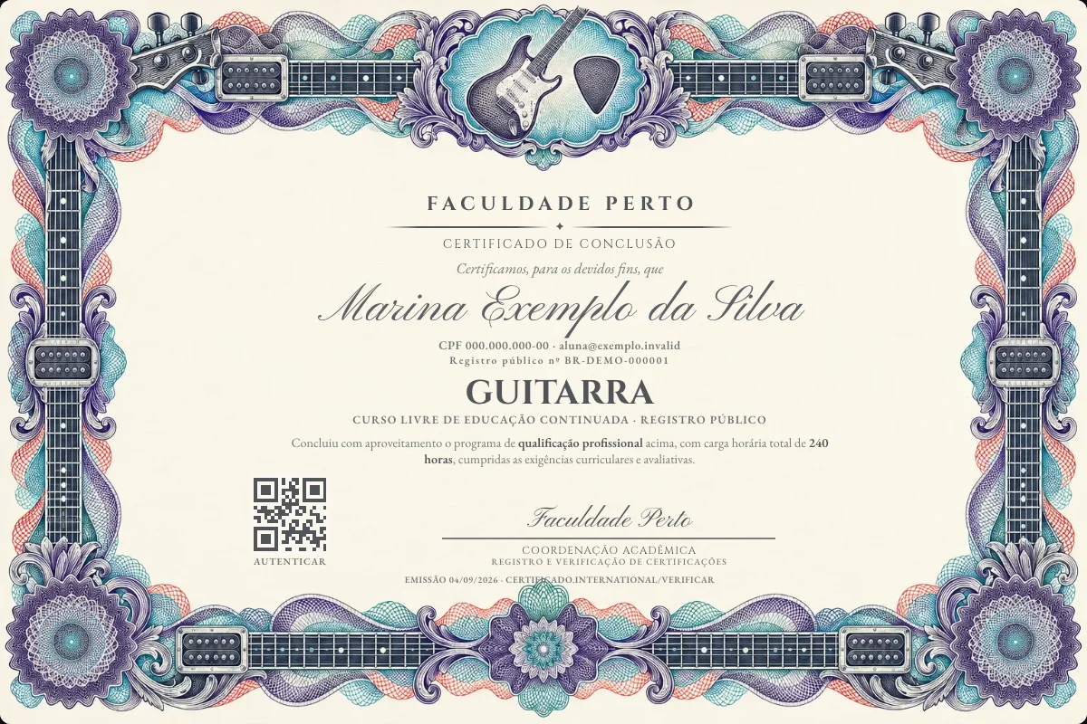 Modelo do certificado do curso de Guitarra grátis: registro público, QR de verificação e assinaturas — exemplo com dados fictícios.