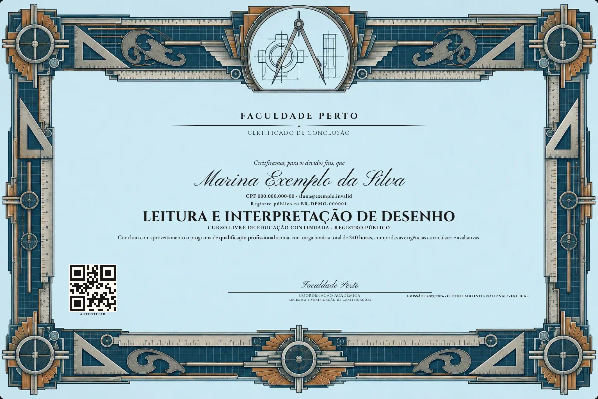 Modelo do certificado do curso de Leitura e Interpretação de Desenho grátis: registro público, QR de verificação e assinaturas — exemplo com dados fictícios.