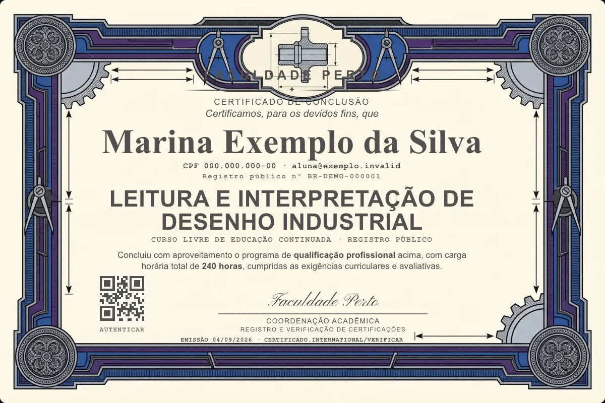 Modelo do certificado do curso de Leitura e Interpretação de Desenho Industrial grátis: registro público, QR de verificação e assinaturas — exemplo com dados fictícios.