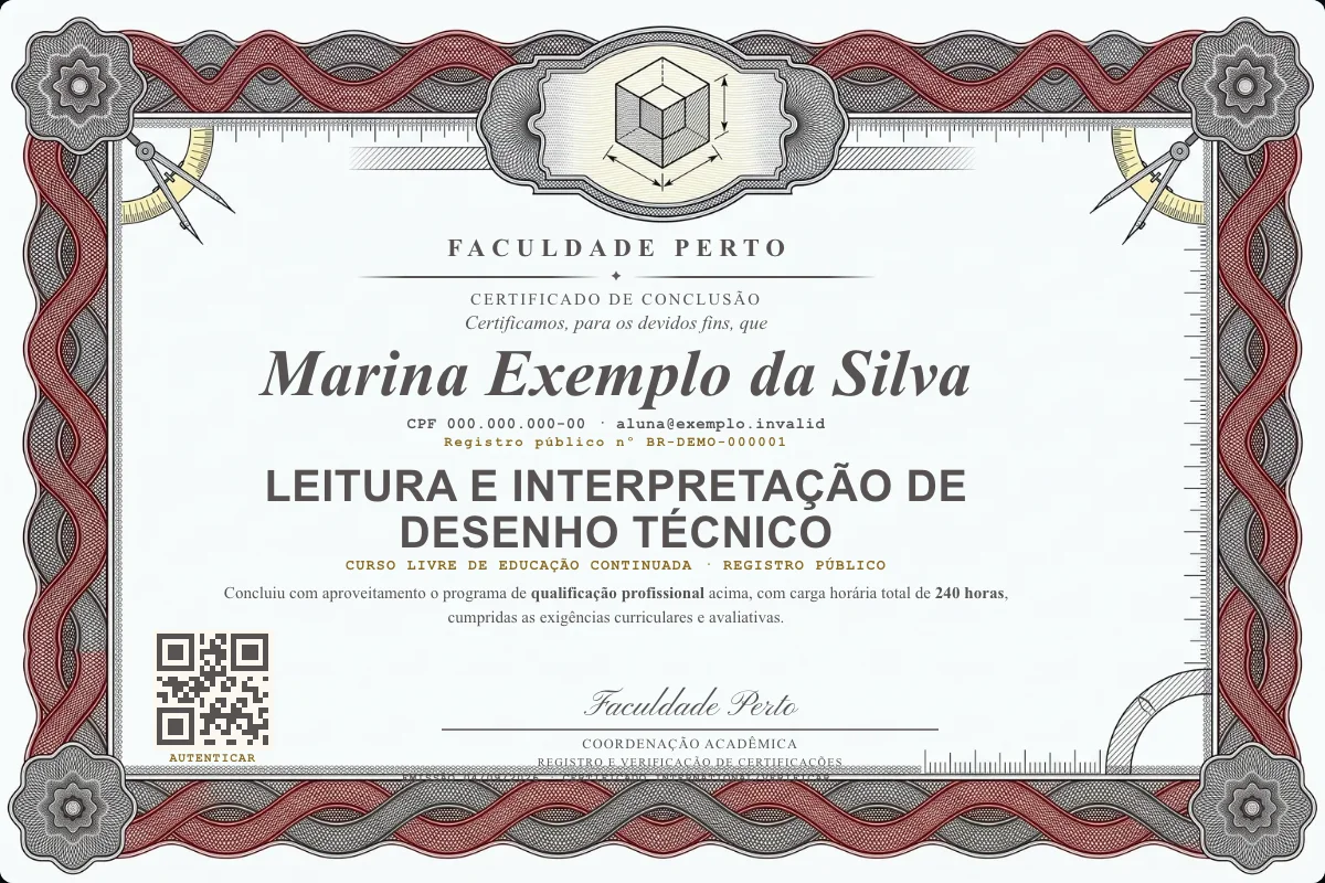 Modelo do certificado do curso de Leitura e Interpretação de Desenho Técnico grátis: registro público, QR de verificação e assinaturas — exemplo com dados fictícios.