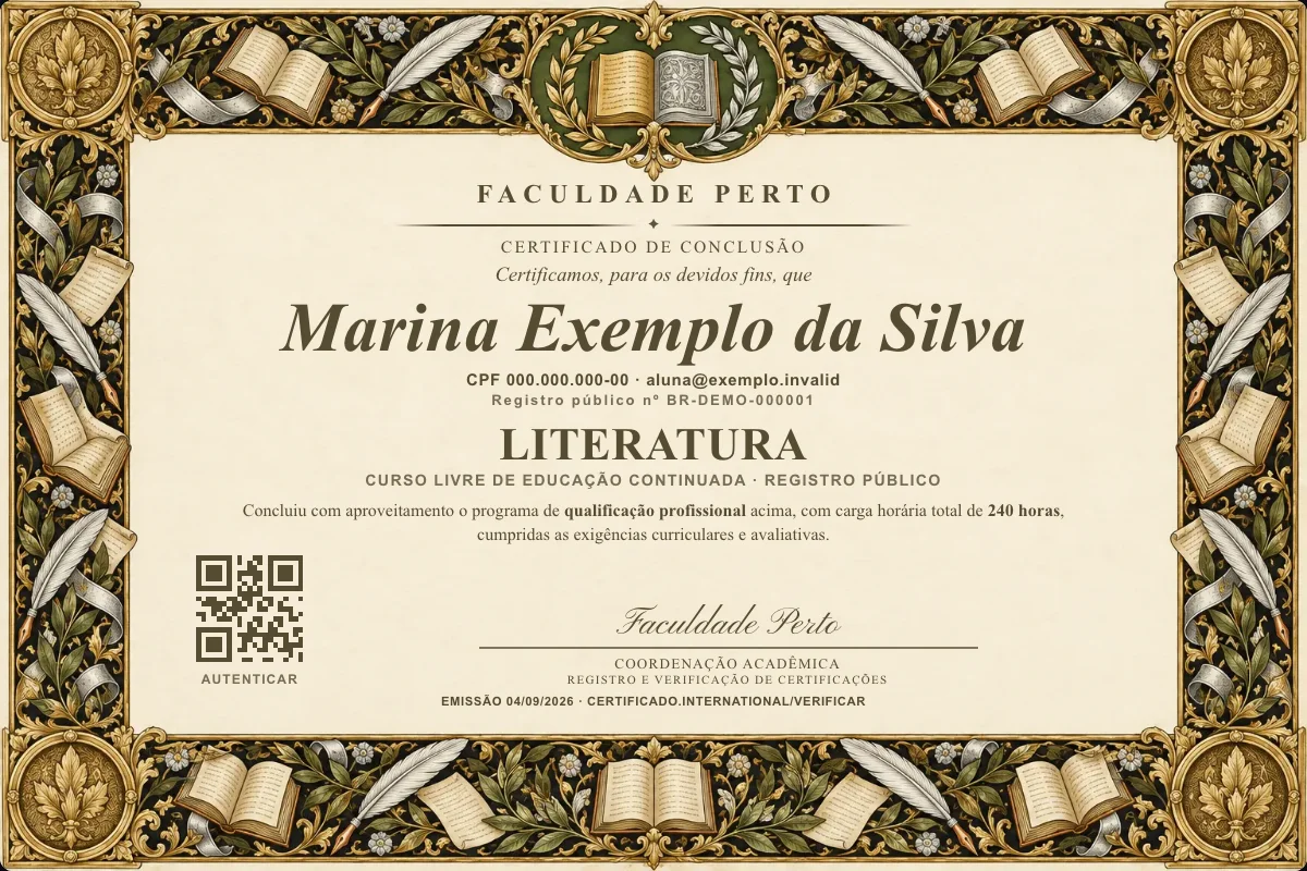 Modelo do certificado do curso de Literatura grátis: registro público, QR de verificação e assinaturas — exemplo com dados fictícios.