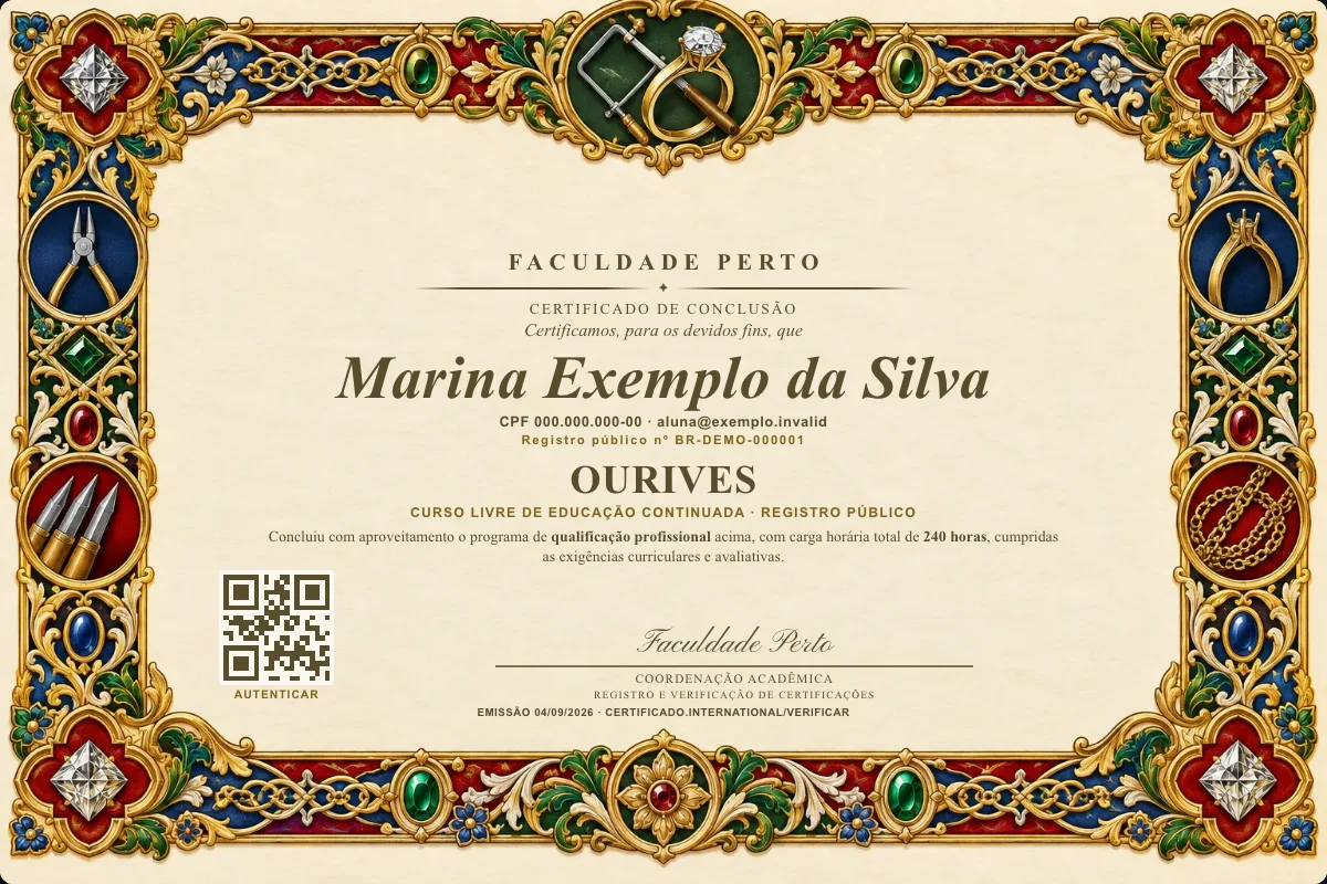Modelo do certificado do curso de Ourives grátis: registro público, QR de verificação e assinaturas — exemplo com dados fictícios.