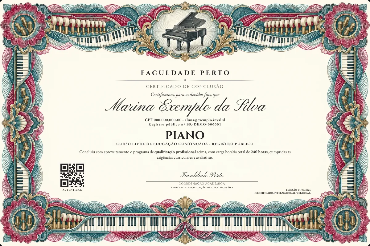Modelo do certificado do curso de Piano grátis: registro público, QR de verificação e assinaturas — exemplo com dados fictícios.