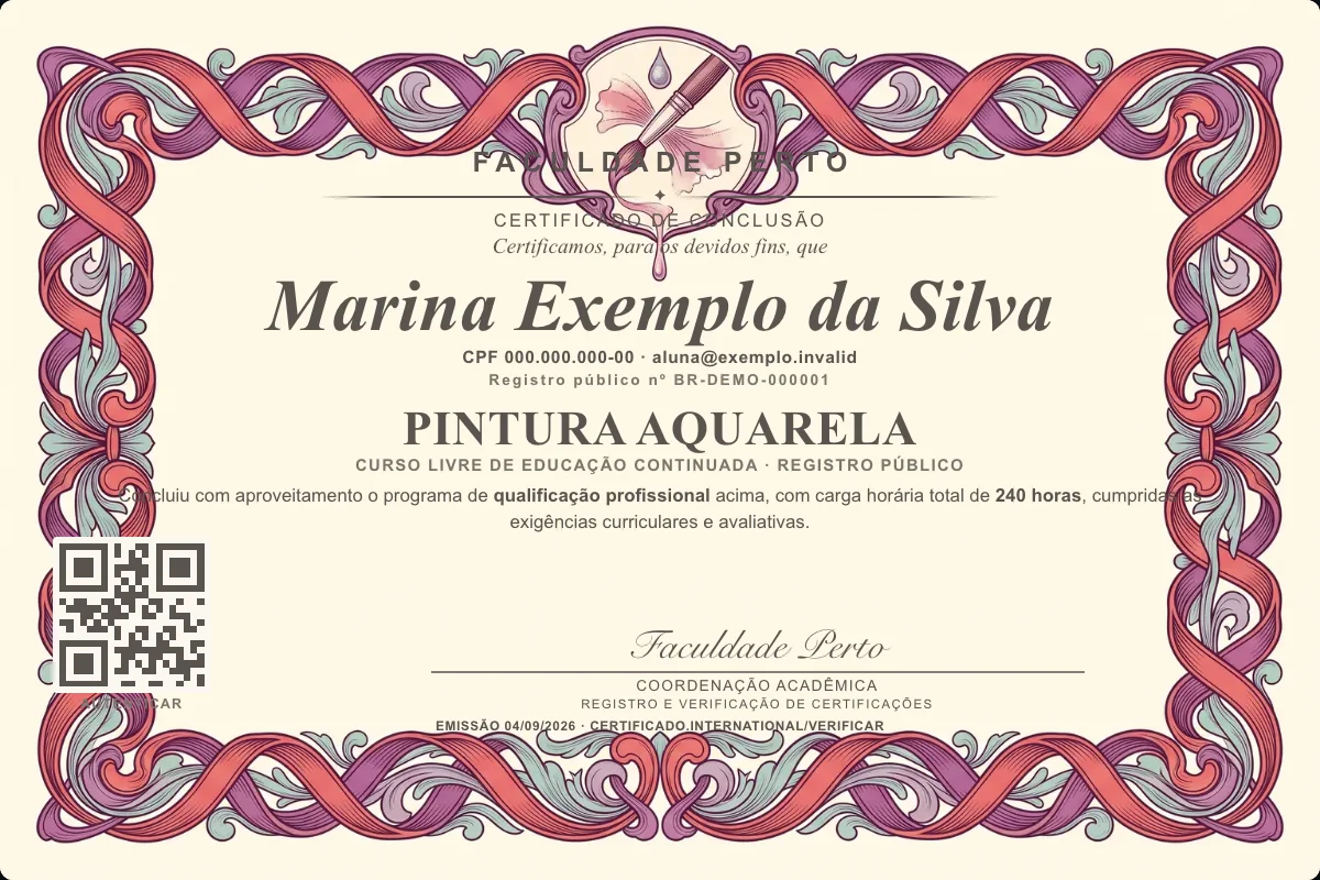 Modelo do certificado do curso de Pintura Aquarela grátis: registro público, QR de verificação e assinaturas — exemplo com dados fictícios.