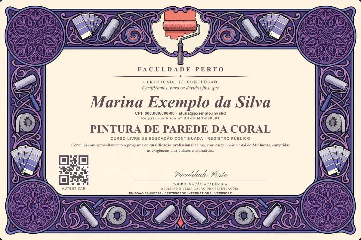Modelo do certificado do curso de Pintura de Parede da Coral grátis: registro público, QR de verificação e assinaturas — exemplo com dados fictícios.